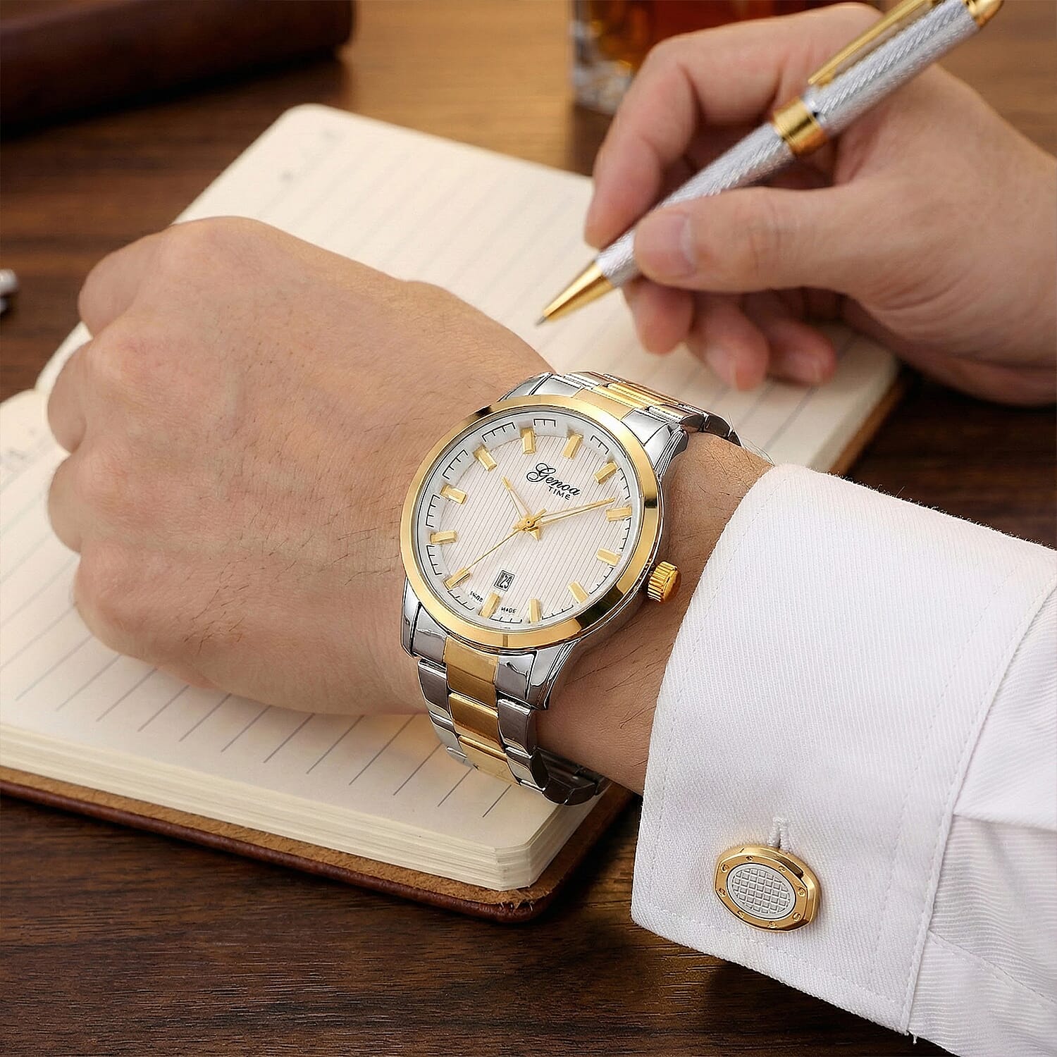 GENOA TIME V2 Quartz PC32 3ATM WR White Hydraulic Dial Mens Gift Set with Two-Tone Stainless Steel Strap, Pen & Cufflinks