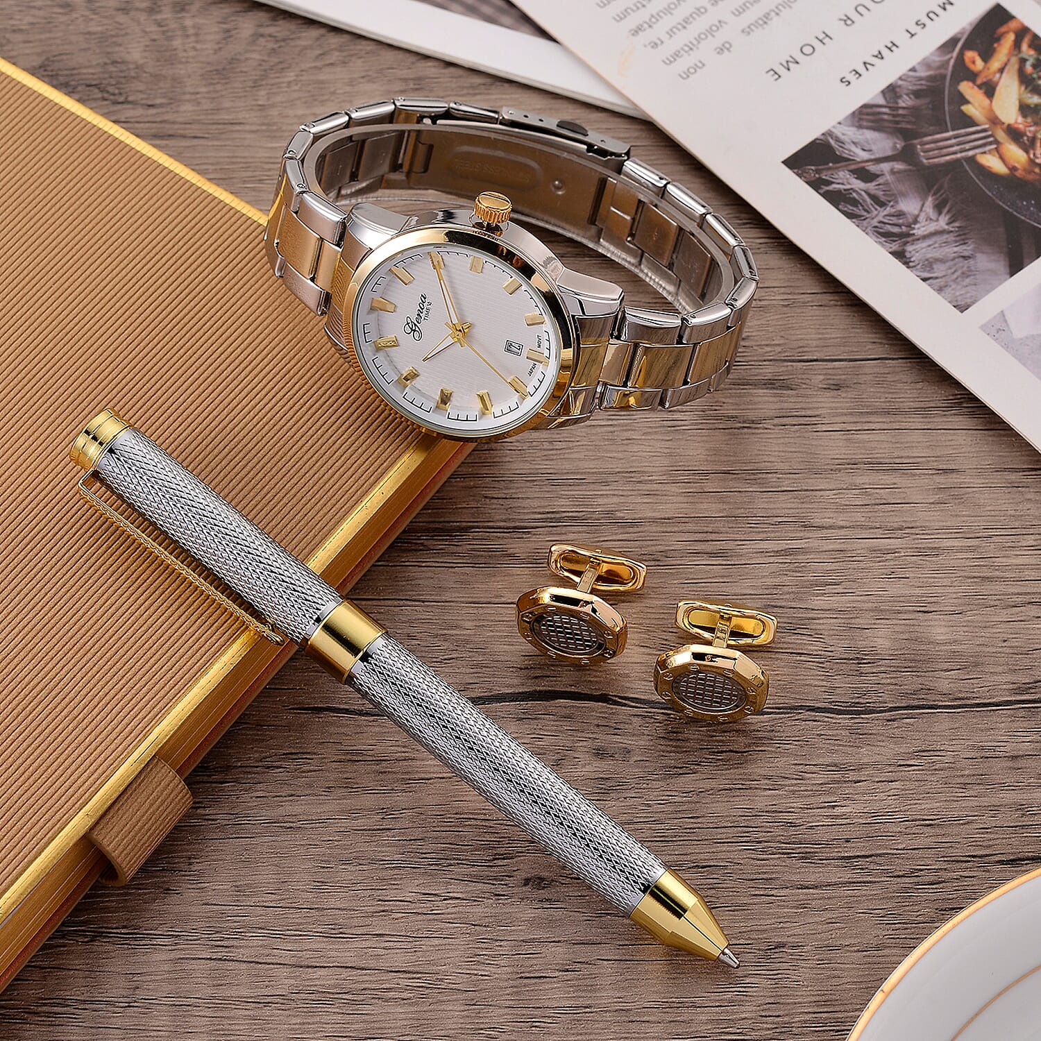 GENOA TIME V2 Quartz PC32 3ATM WR White Hydraulic Dial Mens Gift Set with Two-Tone Stainless Steel Strap, Pen & Cufflinks