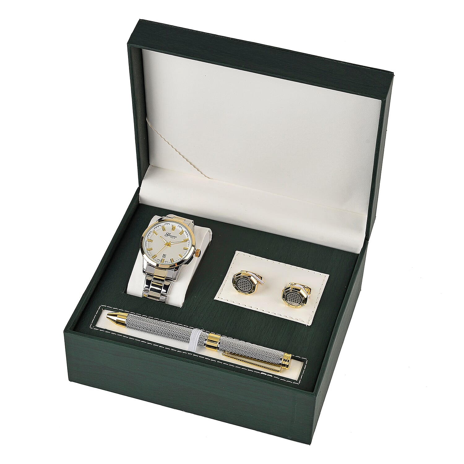 GENOA TIME V2 Quartz PC32 3ATM WR White Hydraulic Dial Mens Gift Set with Two-Tone Stainless Steel Strap, Pen & Cufflinks