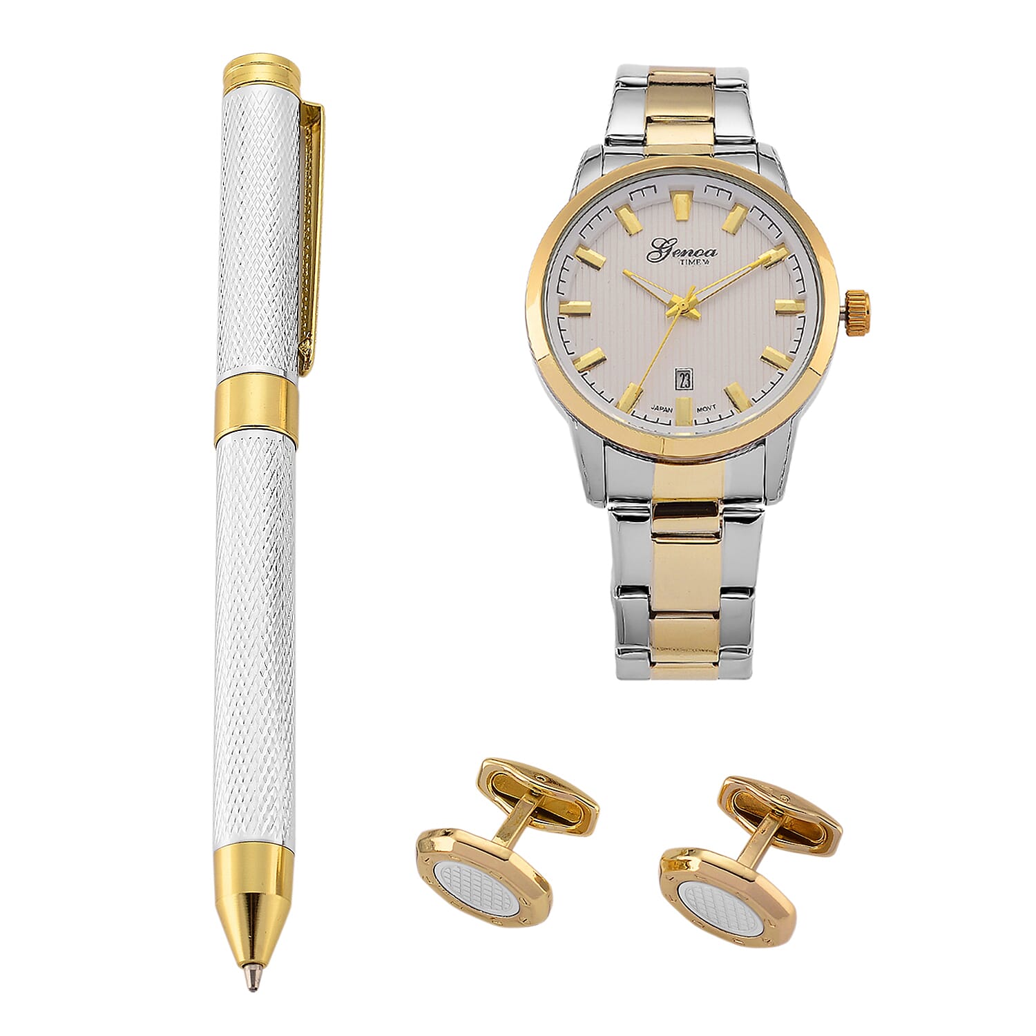 GENOA TIME V2 Quartz PC32 3ATM WR White Hydraulic Dial Mens Gift Set with Two-Tone Stainless Steel Strap, Pen & Cufflinks