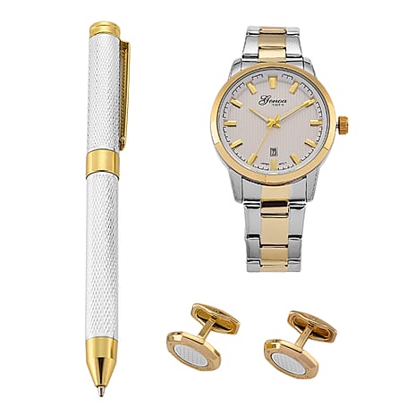 GENOA TIME V2 Quartz PC32 3ATM WR White Hydraulic Dial Mens Gift Set with Two-Tone Stainless Steel Strap, Pen & Cufflinks