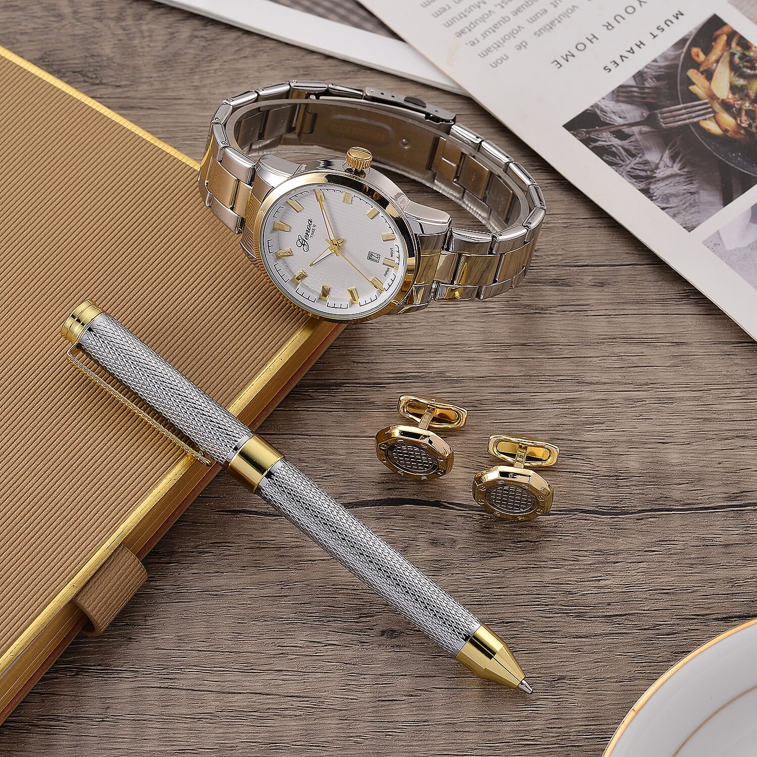 GENOA TIME V2 Quartz PC32 3ATM WR White Hydraulic Dial Mens Gift Set with Two-Tone Stainless Steel Strap, Pen & Cufflinks