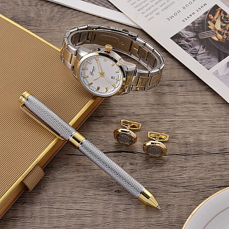 GENOA TIME V2 Quartz PC32 3ATM WR White Hydraulic Dial Mens Gift Set with Two-Tone Stainless Steel Strap, Pen & Cufflinks