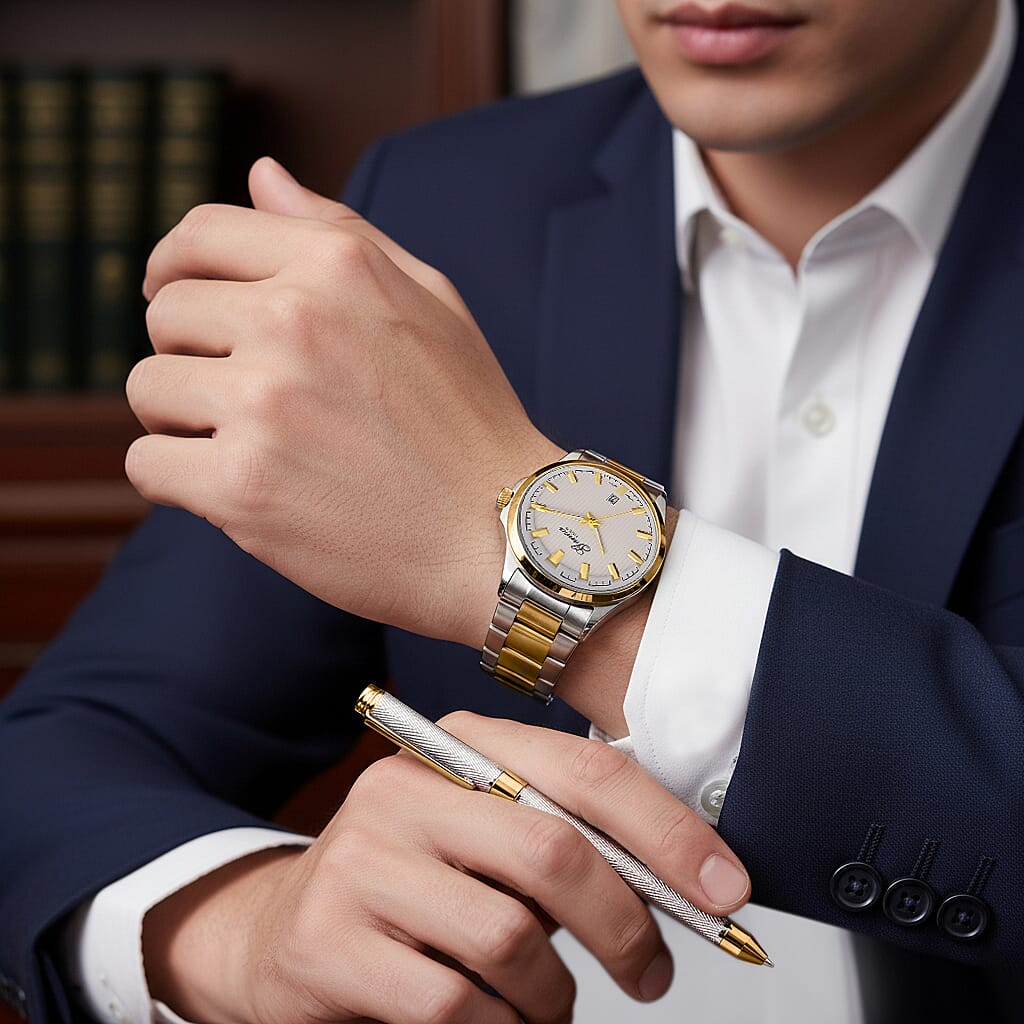 GENOA TIME V2 Quartz PC32 3ATM WR White Hydraulic Dial Mens Gift Set with Two-Tone Stainless Steel Strap, Pen & Cufflinks