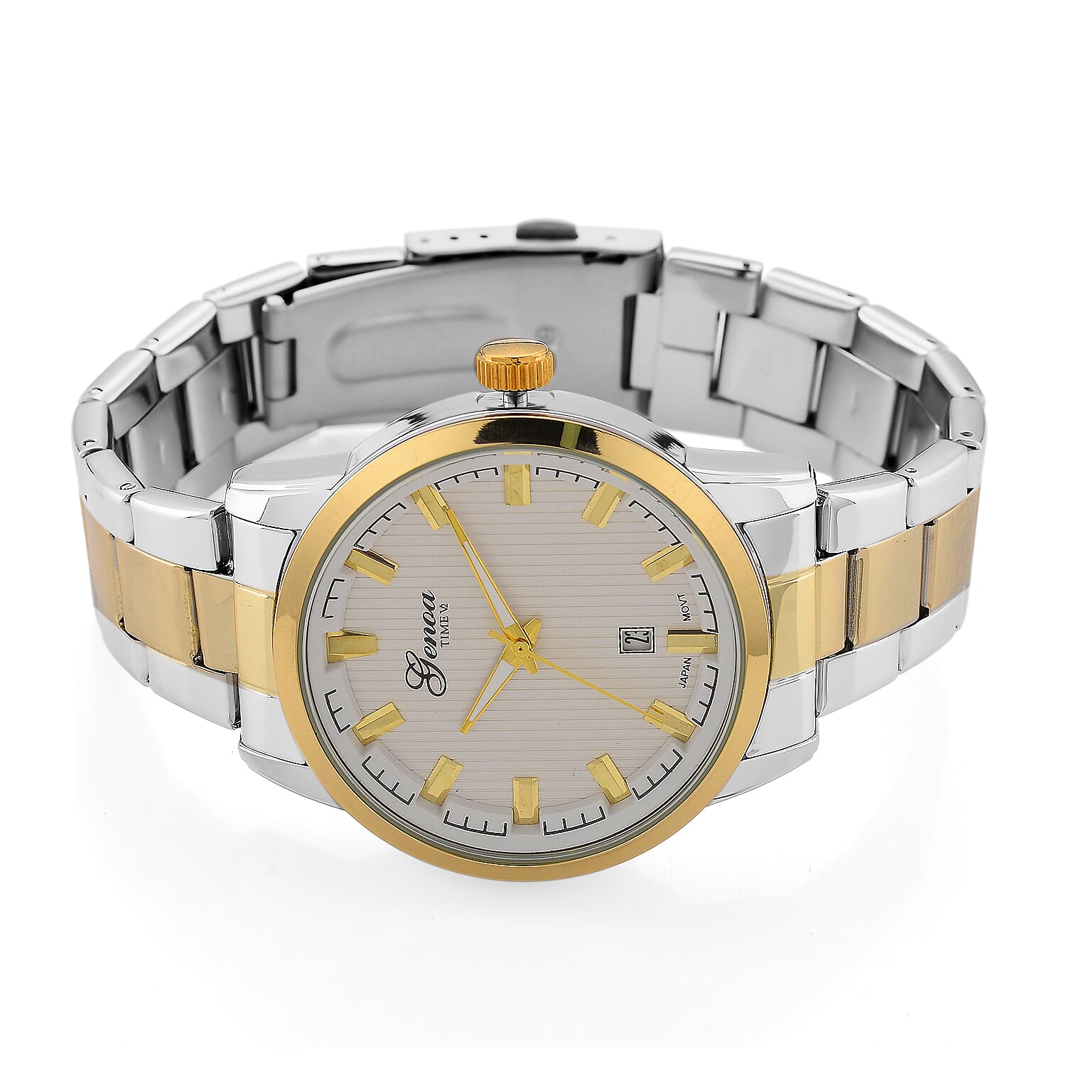 GENOA TIME V2 Quartz PC32 3ATM WR White Hydraulic Dial Mens Gift Set with Two-Tone Stainless Steel Strap, Pen & Cufflinks