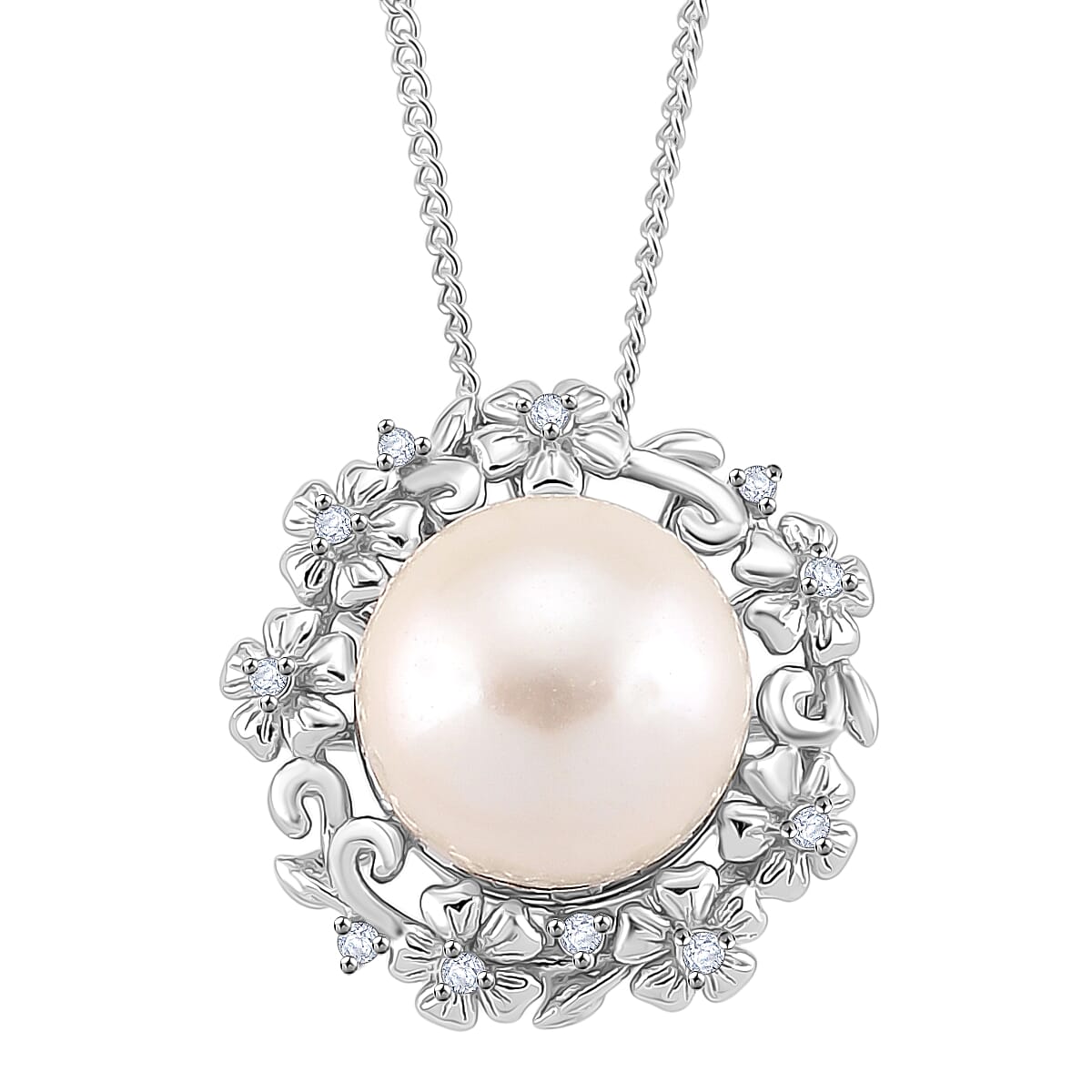 D'Joy White Edison Pearl & White Zircon Pendant with Chain (Size 18) with Lobster Clasp in Rhodium Overlay Sterling Silver 8.49 Ct.