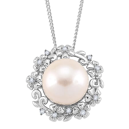 D'Joy White Edison Pearl & White Zircon Pendant with Chain (Size 18) with Lobster Clasp in Rhodium Overlay Sterling Silver 8.49 Ct.
