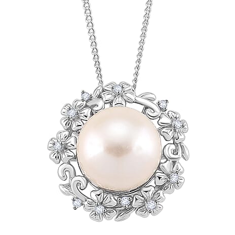 D'Joy White Edison Pearl & White Zircon Pendant with Chain (Size 18) with Lobster Clasp in Rhodium Overlay Sterling Silver 8.49 Ct.