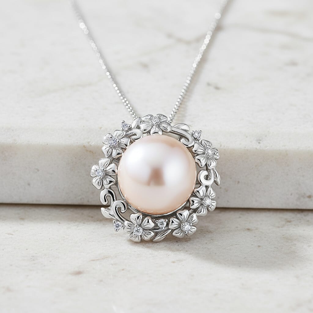 D'Joy White Edison Pearl & White Zircon Pendant with Chain (Size 18) with Lobster Clasp in Rhodium Overlay Sterling Silver 8.49 Ct.