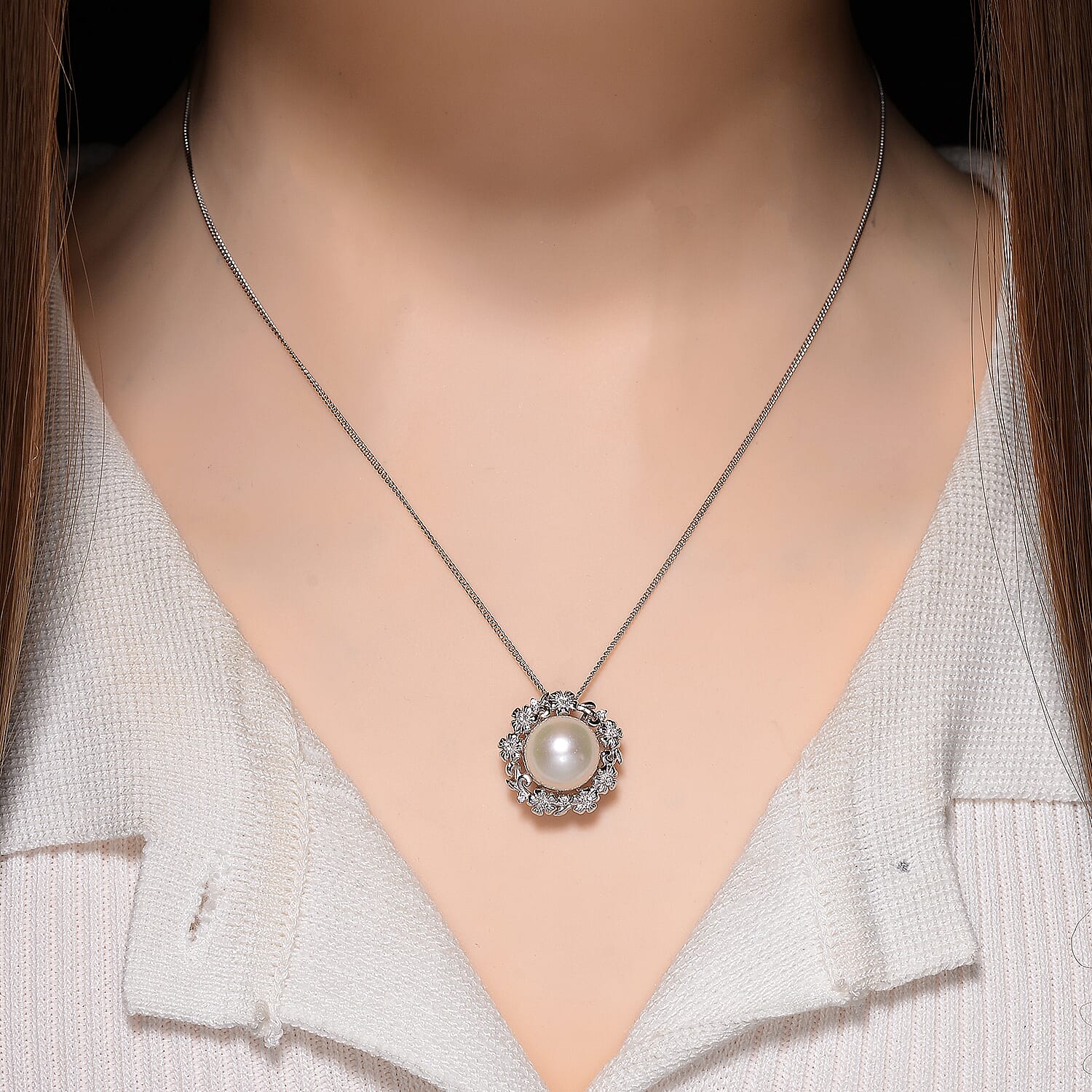 D'Joy White Edison Pearl & White Zircon Pendant with Chain (Size 18) with Lobster Clasp in Rhodium Overlay Sterling Silver 8.49 Ct.