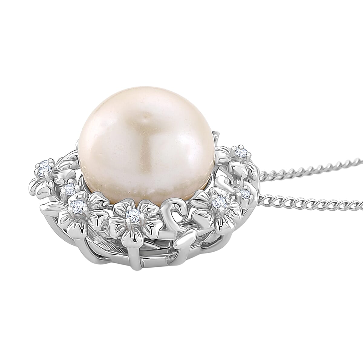 D'Joy White Edison Pearl & White Zircon Pendant with Chain (Size 18) with Lobster Clasp in Rhodium Overlay Sterling Silver 8.49 Ct.