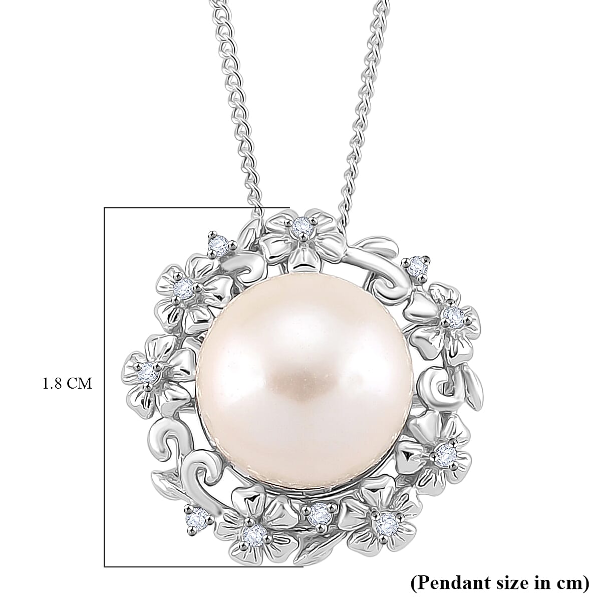 D'Joy White Edison Pearl & White Zircon Pendant with Chain (Size 18) with Lobster Clasp in Rhodium Overlay Sterling Silver 8.49 Ct.