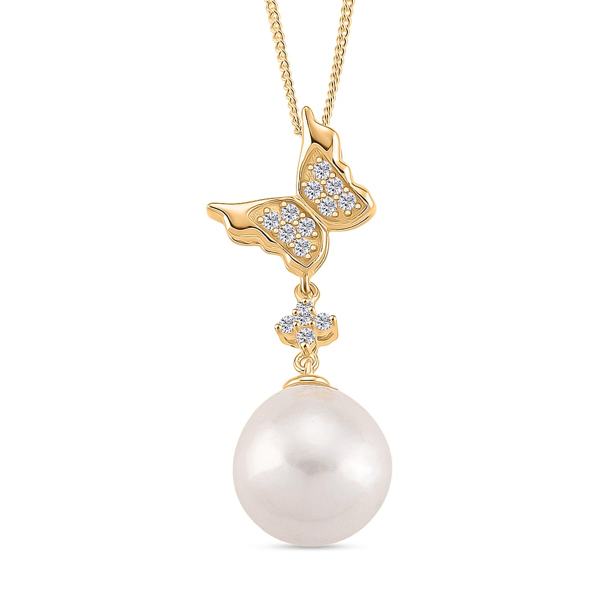 D'Joy White Edison Pearl & White Zircon Pendant with Chain (Size 18) with Lobster Clasp in 18K Vermeil Yellow Gold Plated Sterling Silver 13.09 Ct.