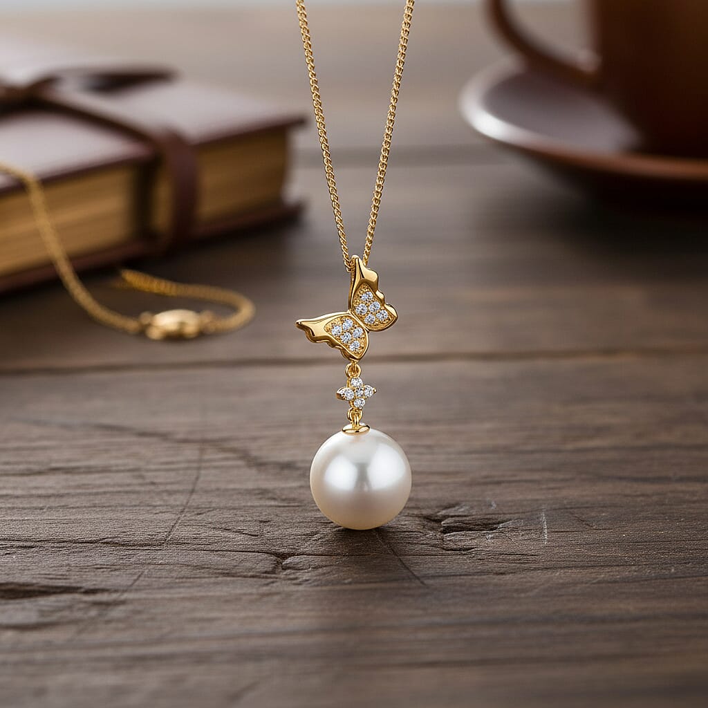D'Joy White Edison Pearl & White Zircon Pendant with Chain (Size 18) with Lobster Clasp in 18K Vermeil Yellow Gold Plated Sterling Silver 13.09 Ct.