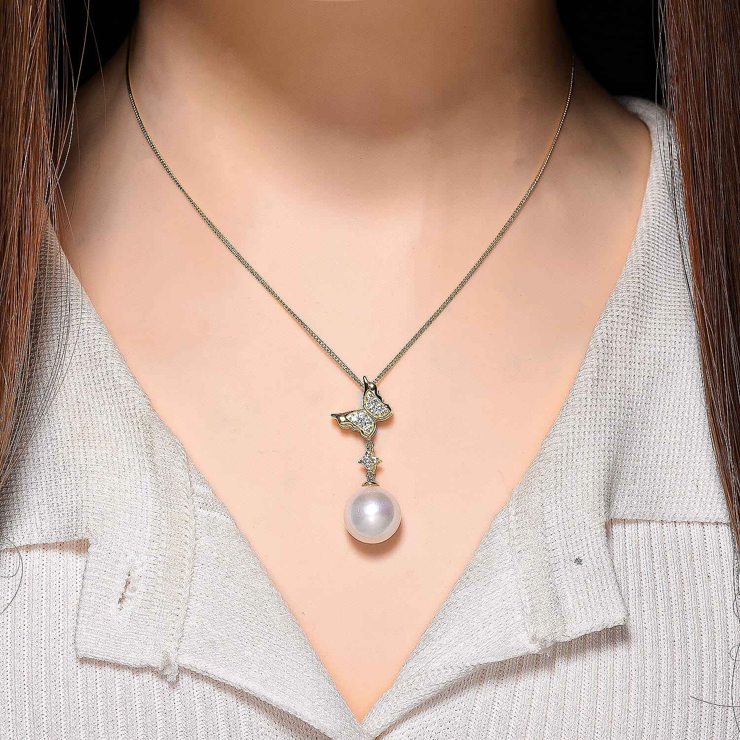 D'Joy White Edison Pearl & White Zircon Pendant with Chain (Size 18) with Lobster Clasp in 18K Vermeil Yellow Gold Plated Sterling Silver 13.09 Ct.