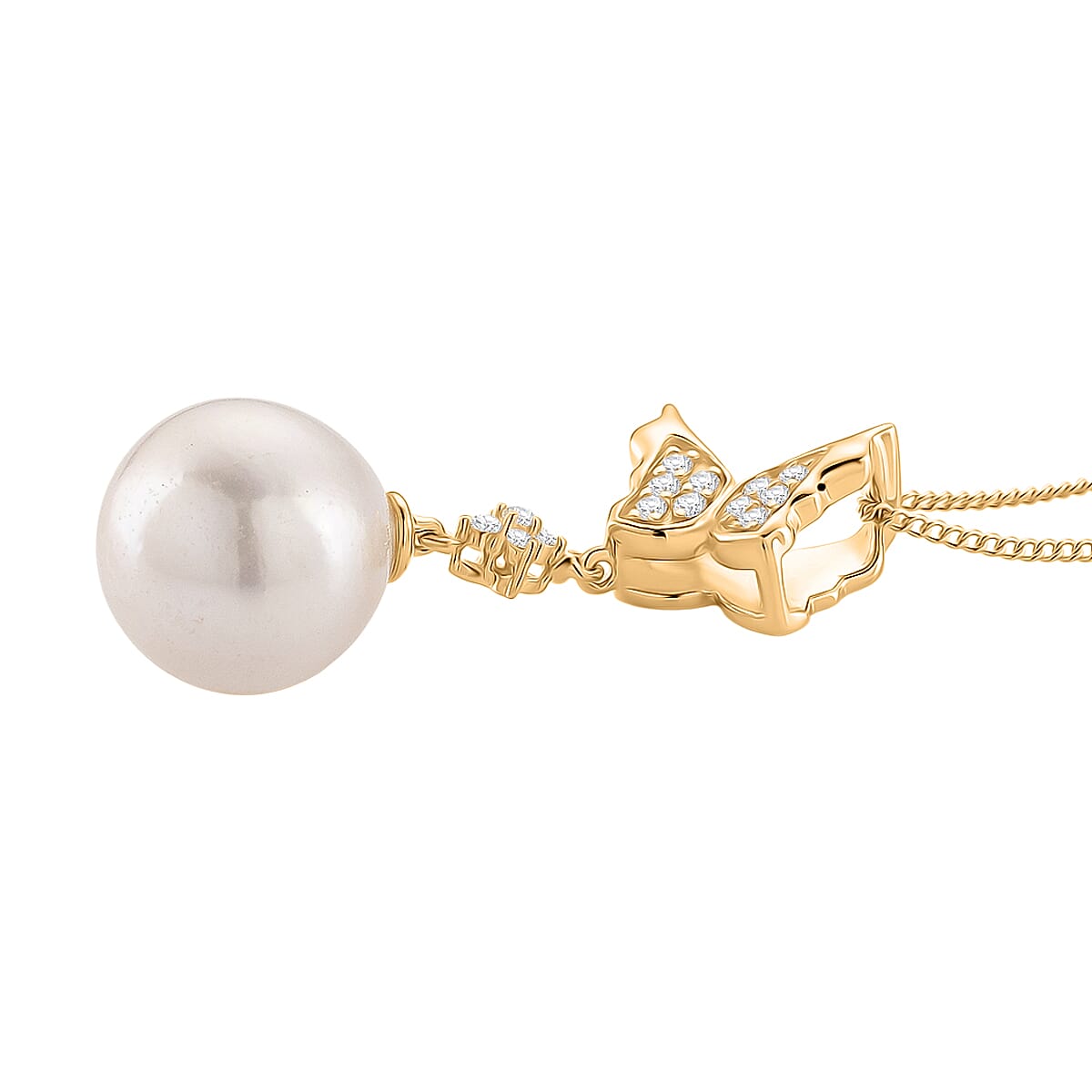 D'Joy White Edison Pearl & White Zircon Pendant with Chain (Size 18) with Lobster Clasp in 18K Vermeil Yellow Gold Plated Sterling Silver 13.09 Ct.