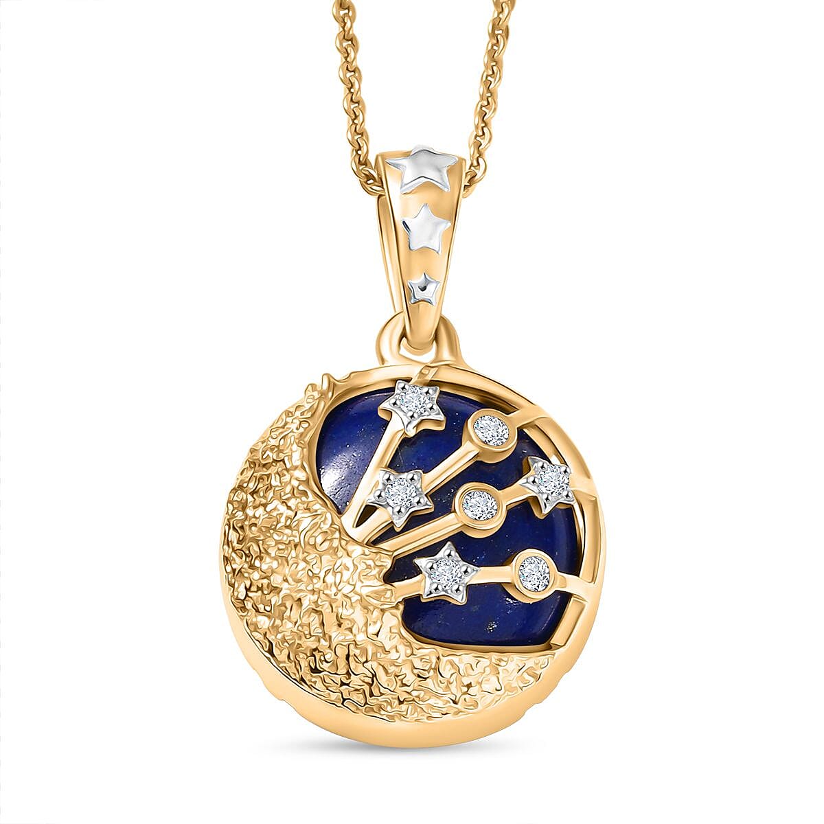 GP - Celestial Dream Collection Lapis Lazuli, White Zircon & Blue Sapphire Pendant with Chain (Size 20) in 18K Vermeil Yellow Gold Plated & Rhodium Overlay Sterling Silver 11.53 Ct.