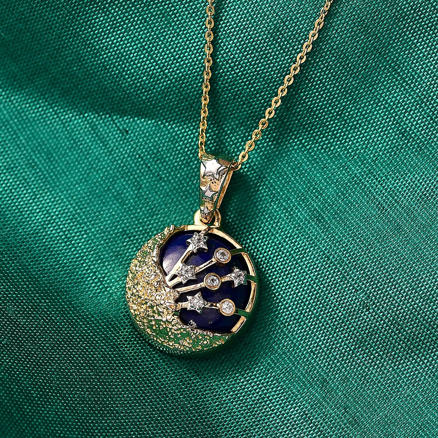 GP - Celestial Dream Collection Lapis Lazuli, White Zircon & Blue Sapphire Pendant with Chain (Size 20) in 18K Vermeil Yellow Gold Plated & Rhodium Overlay Sterling Silver 11.53 Ct.