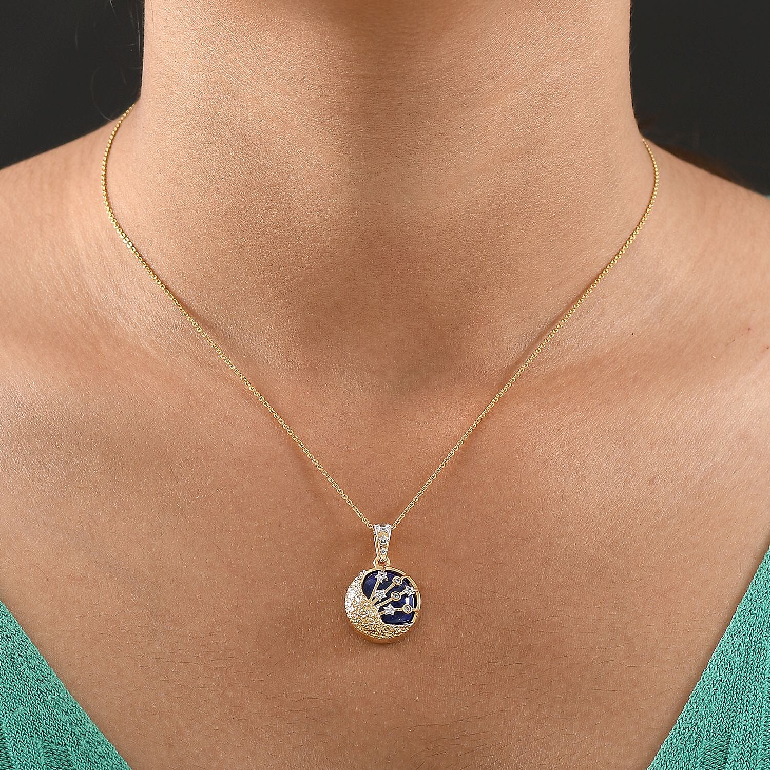 GP - Celestial Dream Collection Lapis Lazuli, White Zircon & Blue Sapphire Pendant with Chain (Size 20) in 18K Vermeil Yellow Gold Plated & Rhodium Overlay Sterling Silver 11.53 Ct.