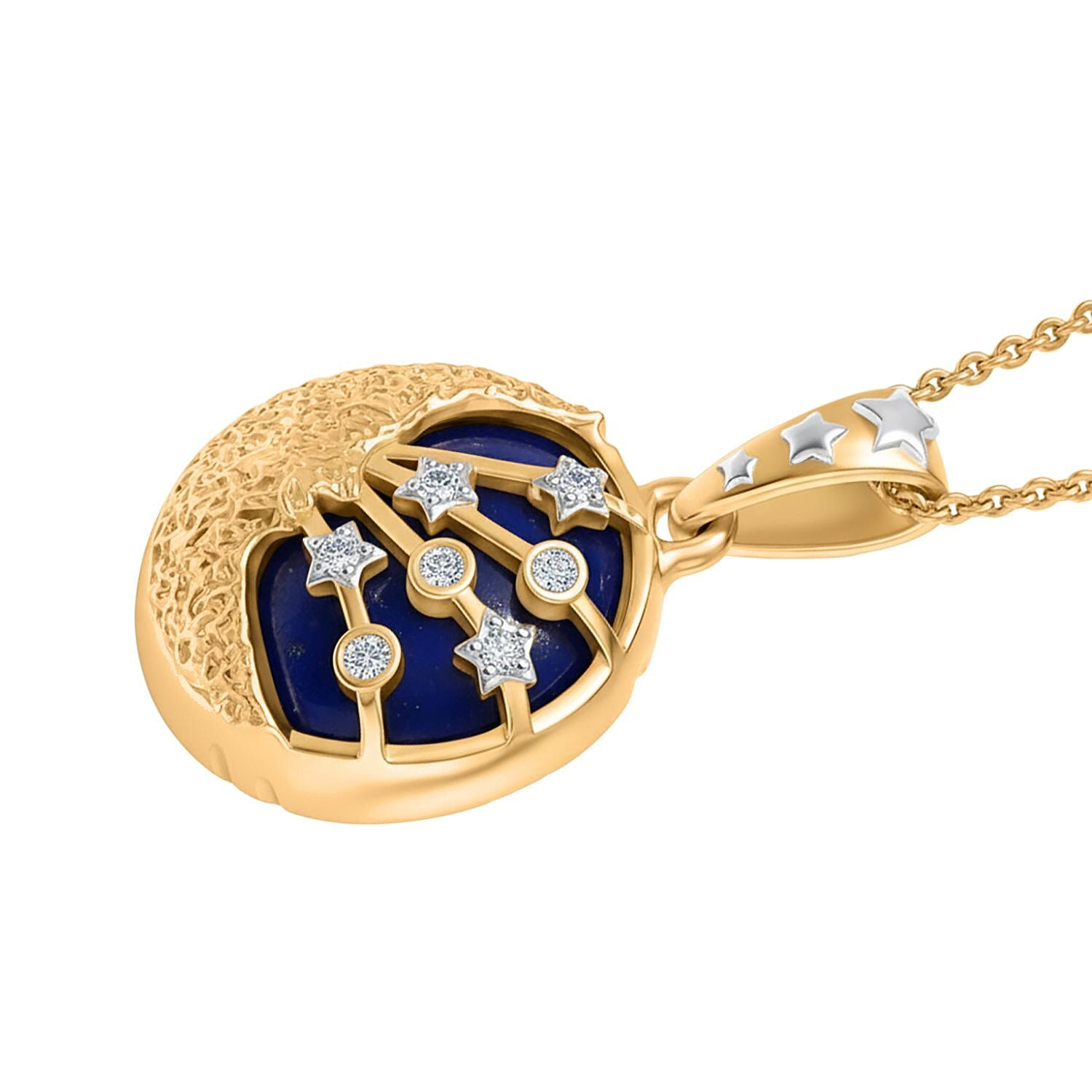 GP - Celestial Dream Collection Lapis Lazuli, White Zircon & Blue Sapphire Pendant with Chain (Size 20) in 18K Vermeil Yellow Gold Plated & Rhodium Overlay Sterling Silver 11.53 Ct.