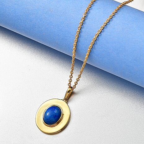 Lapis Lagoon Oval Disc Pendant with Chain (Size 20) in Yellow Gold Tone 3.43 Ct.