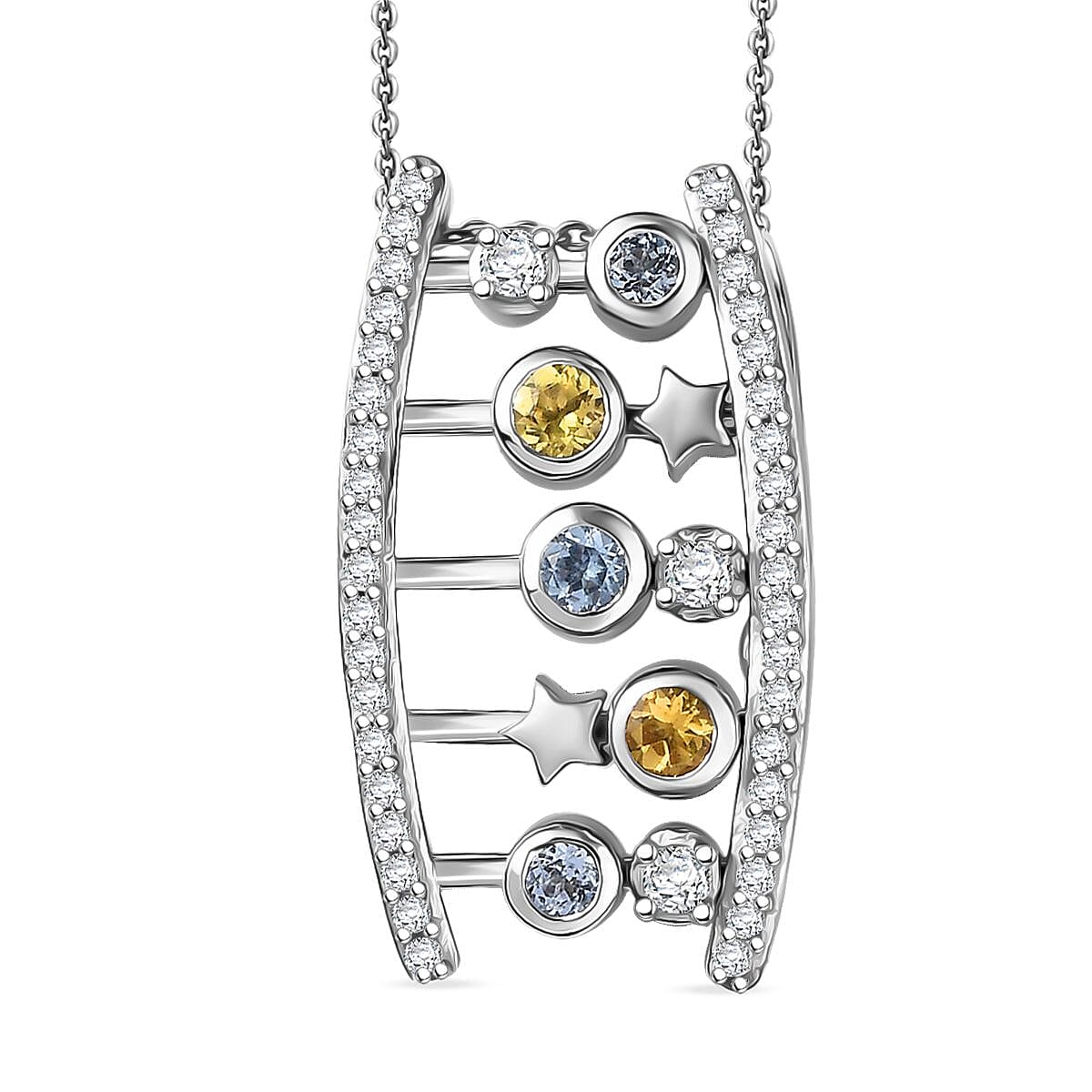 GP- Celestial Dream Collection Skyblue Topaz Citrine, White Zircon & Blue Sapphire Pendant with Chain (Size 20) in Rhodium Overlay Sterling Silver 1.14 Ct, Silver Wt. 7.77 Gms.