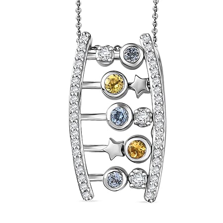 GP- Celestial Dream Collection Skyblue Topaz Citrine, White Zircon & Blue Sapphire Pendant with Chain (Size 20) in Rhodium Overlay Sterling Silver 1.14 Ct, Silver Wt. 7.77 Gms.