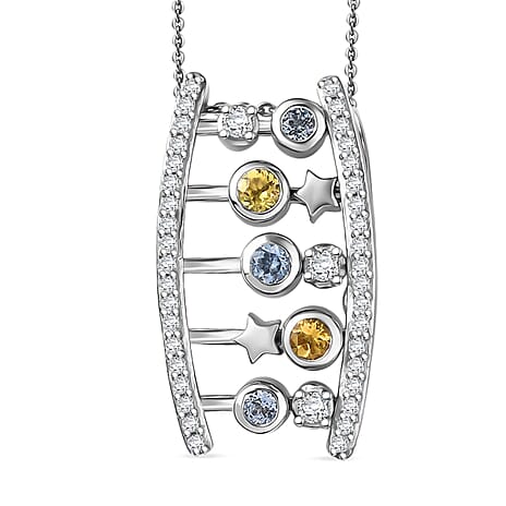 GP- Celestial Dream Collection Skyblue Topaz Citrine, White Zircon & Blue Sapphire Pendant with Chain (Size 20) in Rhodium Overlay Sterling Silver 1.14 Ct, Silver Wt. 7.77 Gms.
