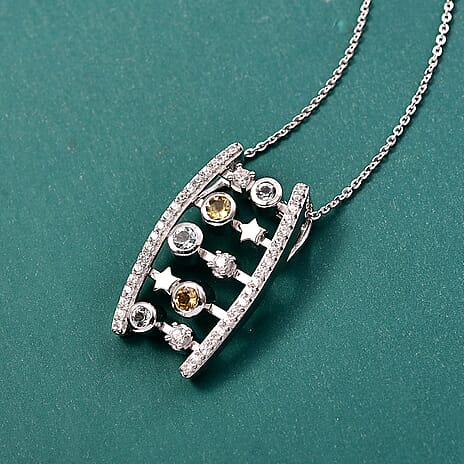 GP- Celestial Dream Collection Skyblue Topaz Citrine, White Zircon & Blue Sapphire Pendant with Chain (Size 20) in Rhodium Overlay Sterling Silver 1.14 Ct, Silver Wt. 7.77 Gms.