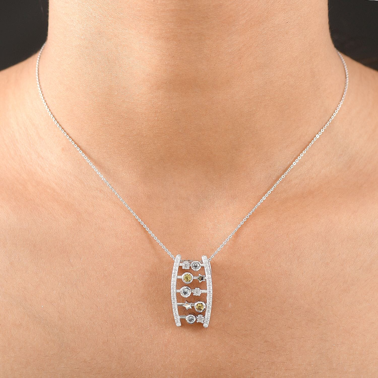 GP- Celestial Dream Collection Skyblue Topaz Citrine, White Zircon & Blue Sapphire Pendant with Chain (Size 20) in Rhodium Overlay Sterling Silver 1.14 Ct, Silver Wt. 7.77 Gms.