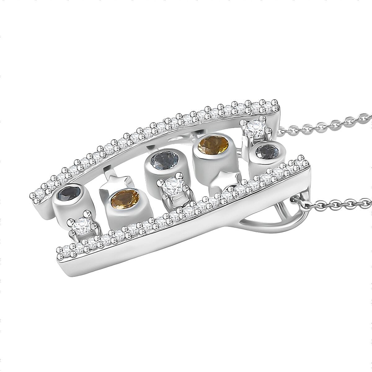 GP- Celestial Dream Collection Skyblue Topaz Citrine, White Zircon & Blue Sapphire Pendant with Chain (Size 20) in Rhodium Overlay Sterling Silver 1.14 Ct, Silver Wt. 7.77 Gms.