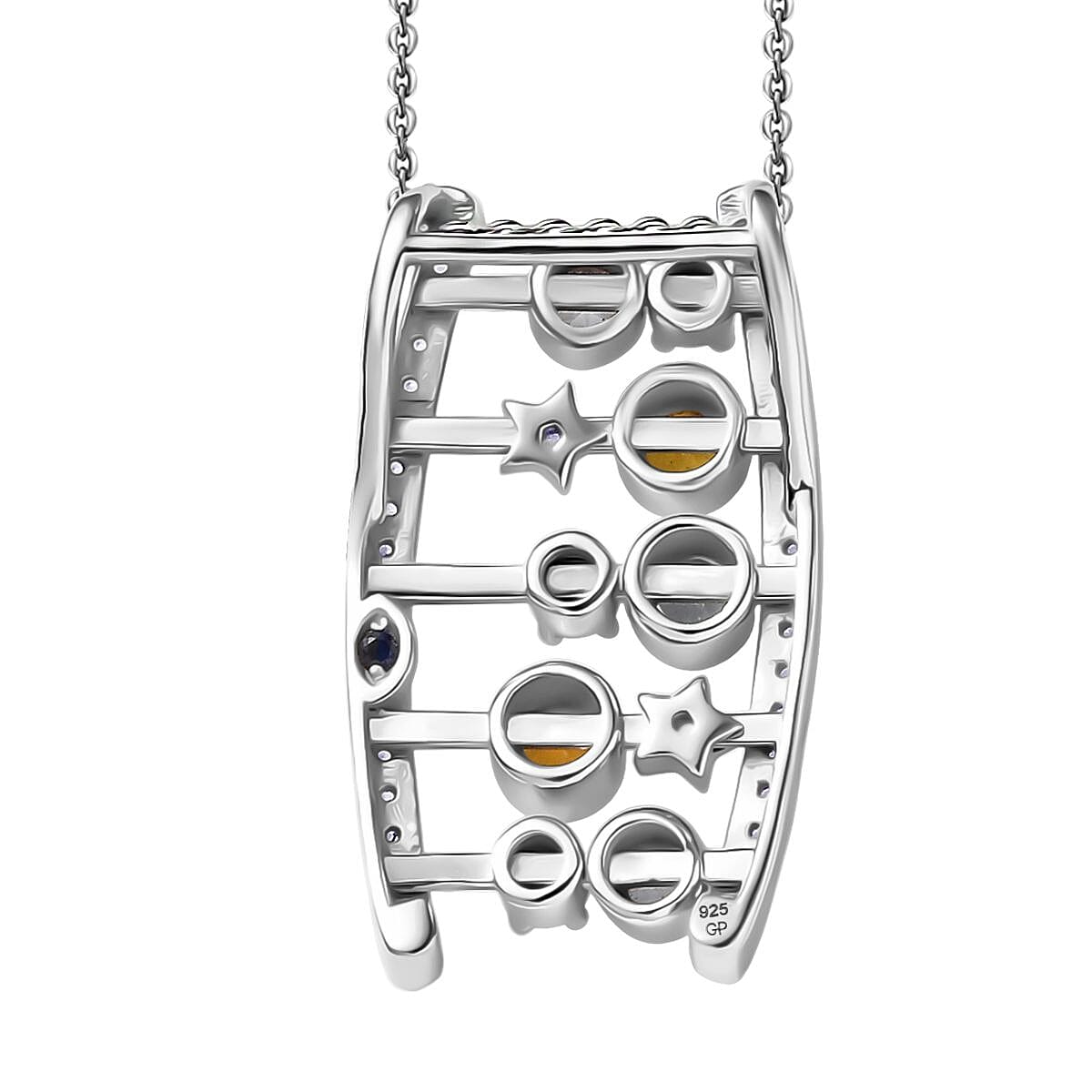 GP- Celestial Dream Collection Skyblue Topaz Citrine, White Zircon & Blue Sapphire Pendant with Chain (Size 20) in Rhodium Overlay Sterling Silver 1.14 Ct, Silver Wt. 7.77 Gms.