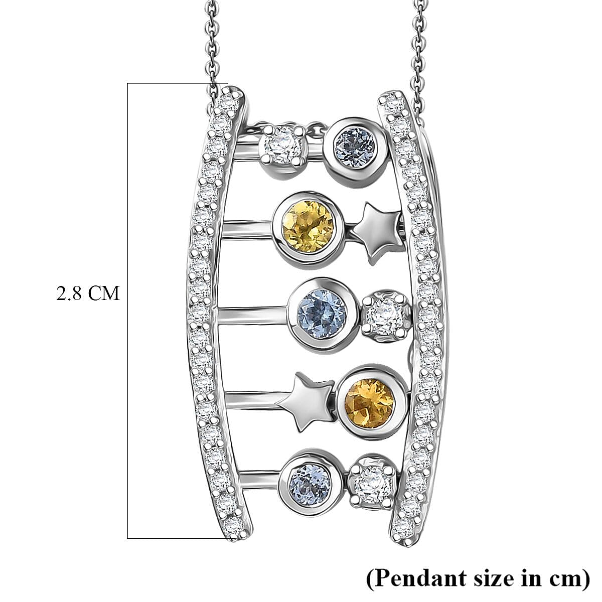 GP- Celestial Dream Collection Skyblue Topaz Citrine, White Zircon & Blue Sapphire Pendant with Chain (Size 20) in Rhodium Overlay Sterling Silver 1.14 Ct, Silver Wt. 7.77 Gms.