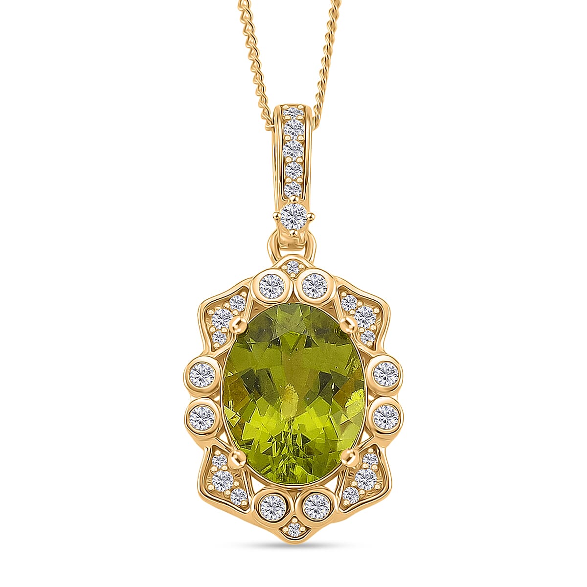 D'Joy Peridot & White Zircon Pendant with Chain (Size 18) in 18K Vermeil Yellow Gold Plated Sterling Silver 5.86 Ct, Silver Wt. 5.13 Gms.