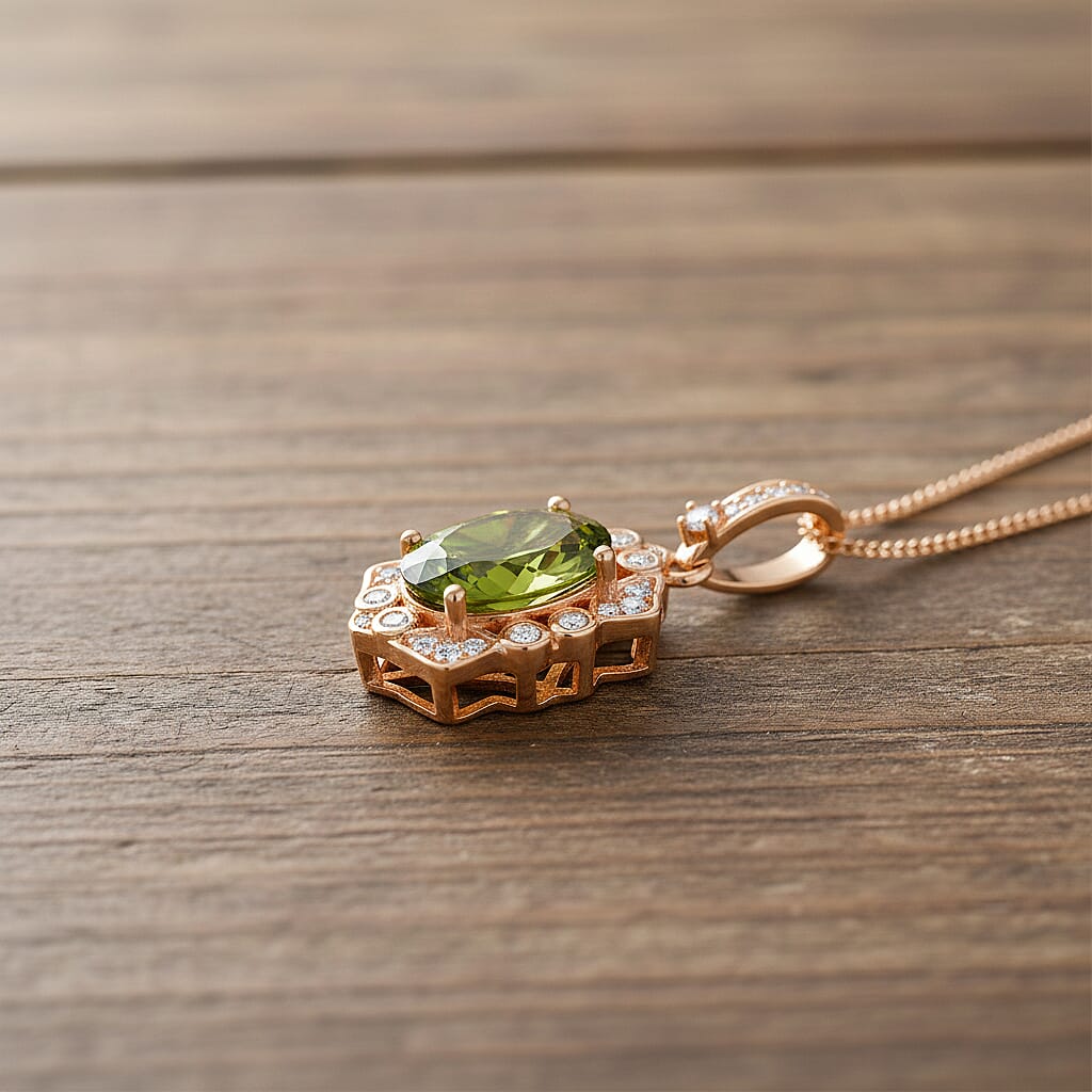 D'Joy Peridot & White Zircon Pendant with Chain (Size 18) in 18K Vermeil Yellow Gold Plated Sterling Silver 5.86 Ct, Silver Wt. 5.13 Gms.