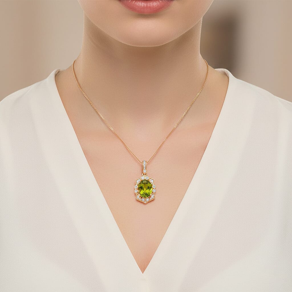 D'Joy Peridot & White Zircon Pendant with Chain (Size 18) in 18K Vermeil Yellow Gold Plated Sterling Silver 5.86 Ct, Silver Wt. 5.13 Gms.