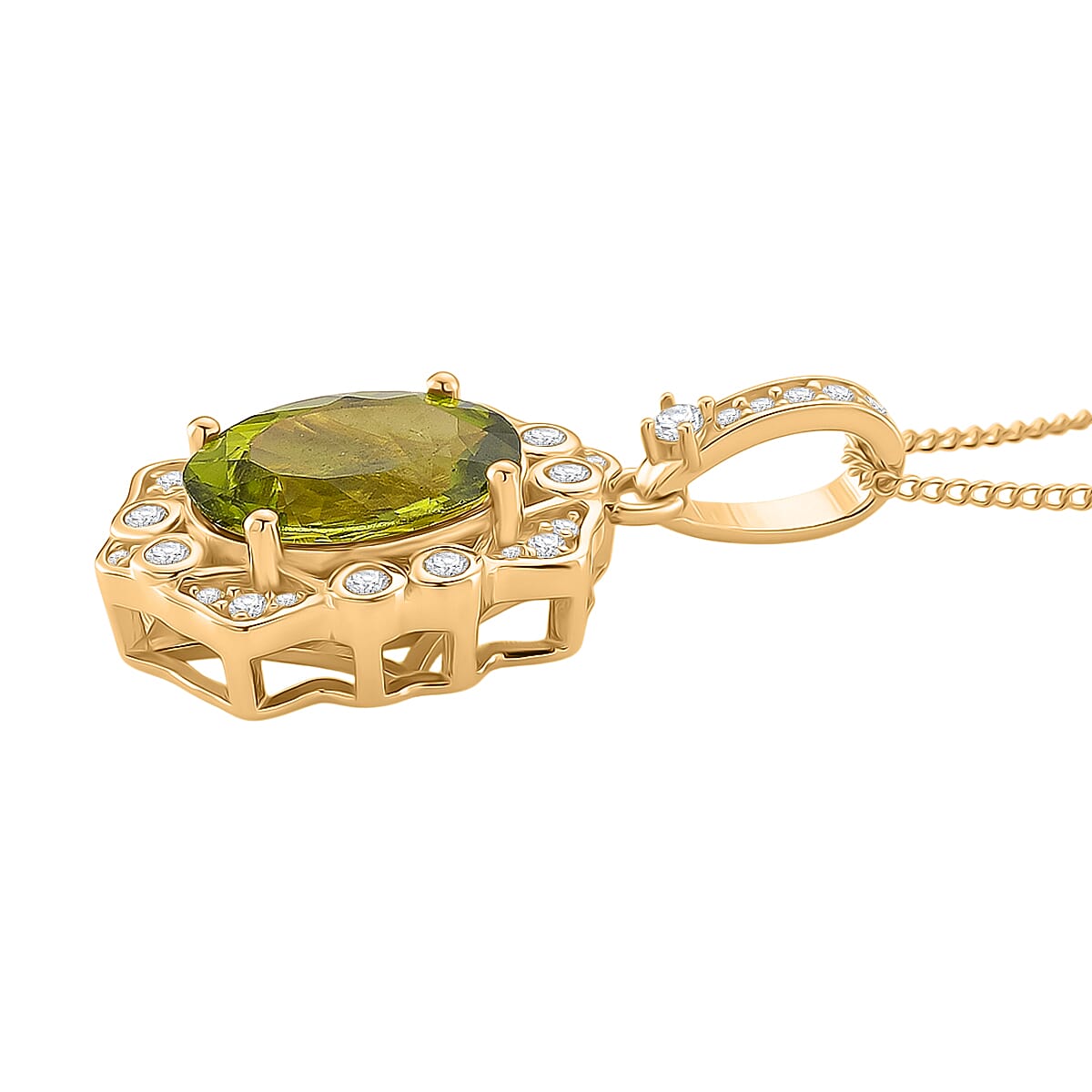 D'Joy Peridot & White Zircon Pendant with Chain (Size 18) in 18K Vermeil Yellow Gold Plated Sterling Silver 5.86 Ct, Silver Wt. 5.13 Gms.
