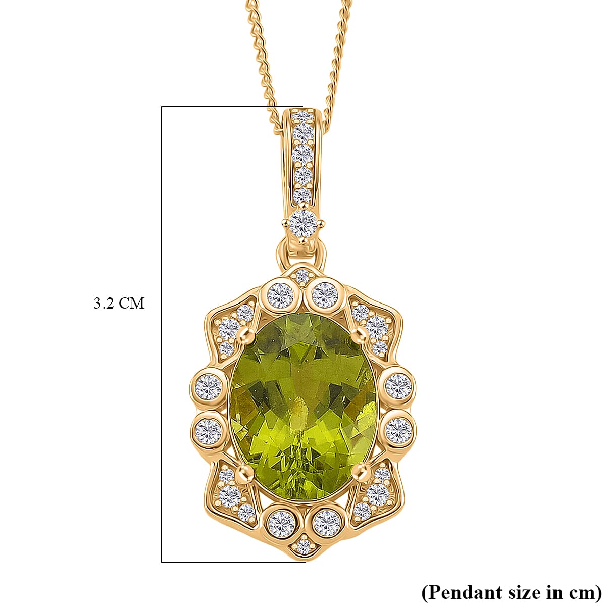 D'Joy Peridot & White Zircon Pendant with Chain (Size 18) in 18K Vermeil Yellow Gold Plated Sterling Silver 5.86 Ct, Silver Wt. 5.13 Gms.