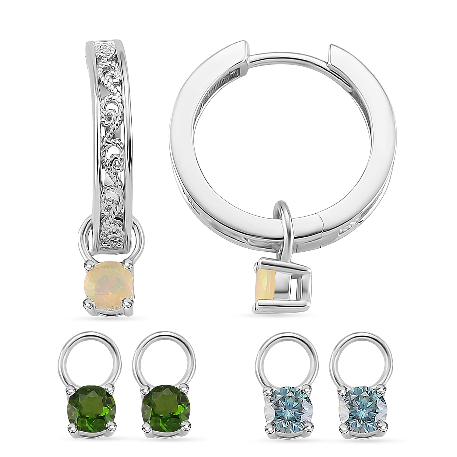D'Joy Set of 3 - Natural Chrome Diopside, Ethiopian Opal & Blue Moissanite Earring with Hoop in Rhodium Overlay Sterling Silver 2.10 Ct, Silver Wt. 12.00 Gms.