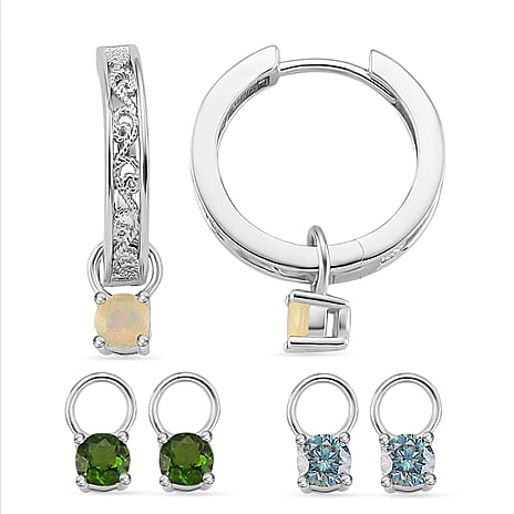 D'Joy Set of 3 - Natural Chrome Diopside, Ethiopian Opal & Blue Moissanite Earring with Hoop in Rhodium Overlay Sterling Silver 2.10 Ct, Silver Wt. 12.00 Gms.