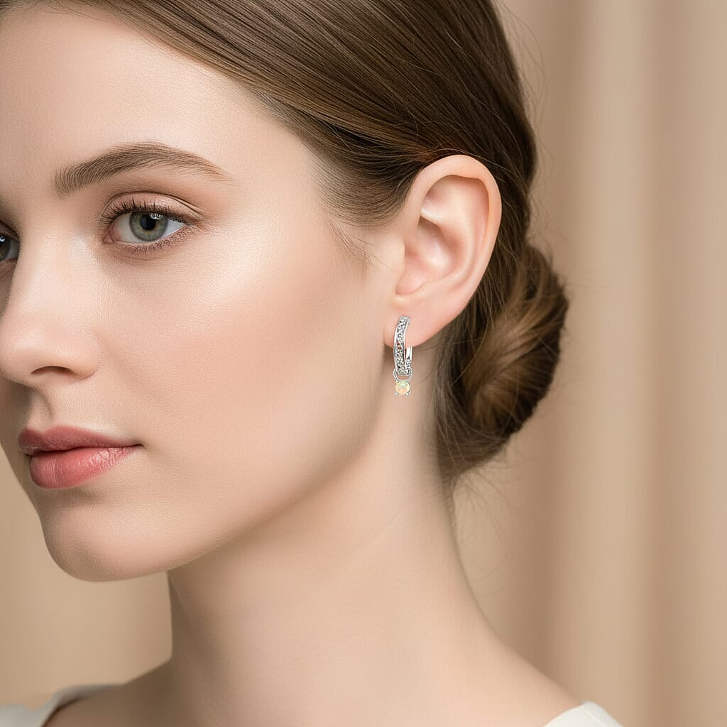 D'Joy Set of 3 - Natural Chrome Diopside, Ethiopian Opal & Blue Moissanite Earring with Hoop in Rhodium Overlay Sterling Silver 2.10 Ct, Silver Wt. 12.00 Gms.