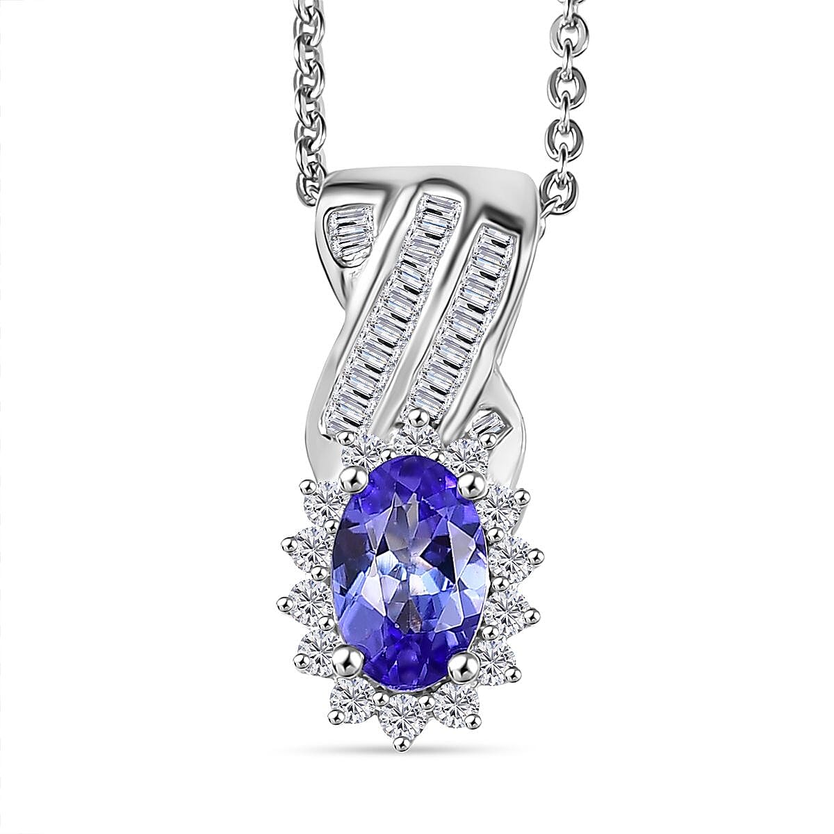 D'Joy Tanzanite & White Diamond Pendant with Chain (Size 20) in Rhodium Overlay Sterling Silver 0.65 Ct.