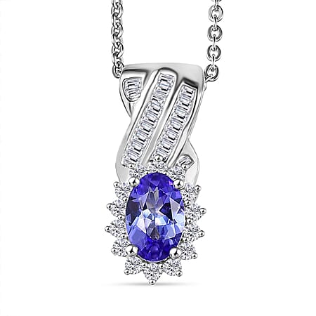 D'Joy Tanzanite, White Diamond Halo Pendant with Chain (Size 20) in Rhodium Overlay Sterling Silver 0.65 Ct.