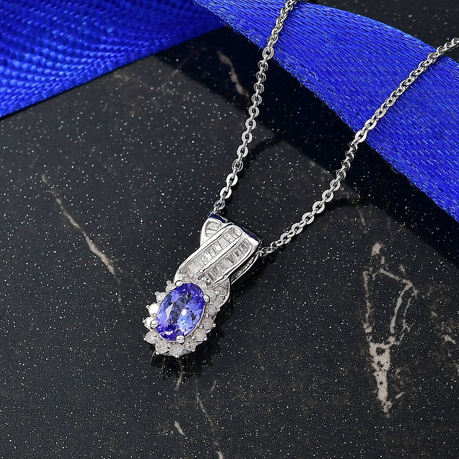 D'Joy Tanzanite & White Diamond Pendant with Chain (Size 20) in Rhodium Overlay Sterling Silver 0.65 Ct.