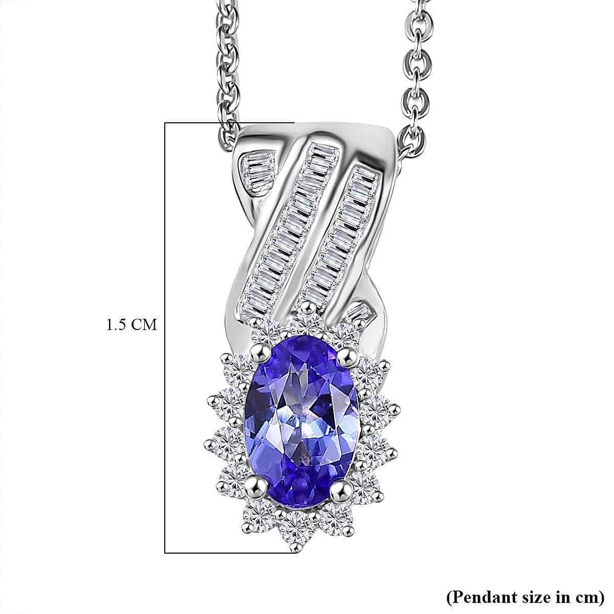 D'Joy Tanzanite & White Diamond Pendant with Chain (Size 20) in Rhodium Overlay Sterling Silver 0.65 Ct.