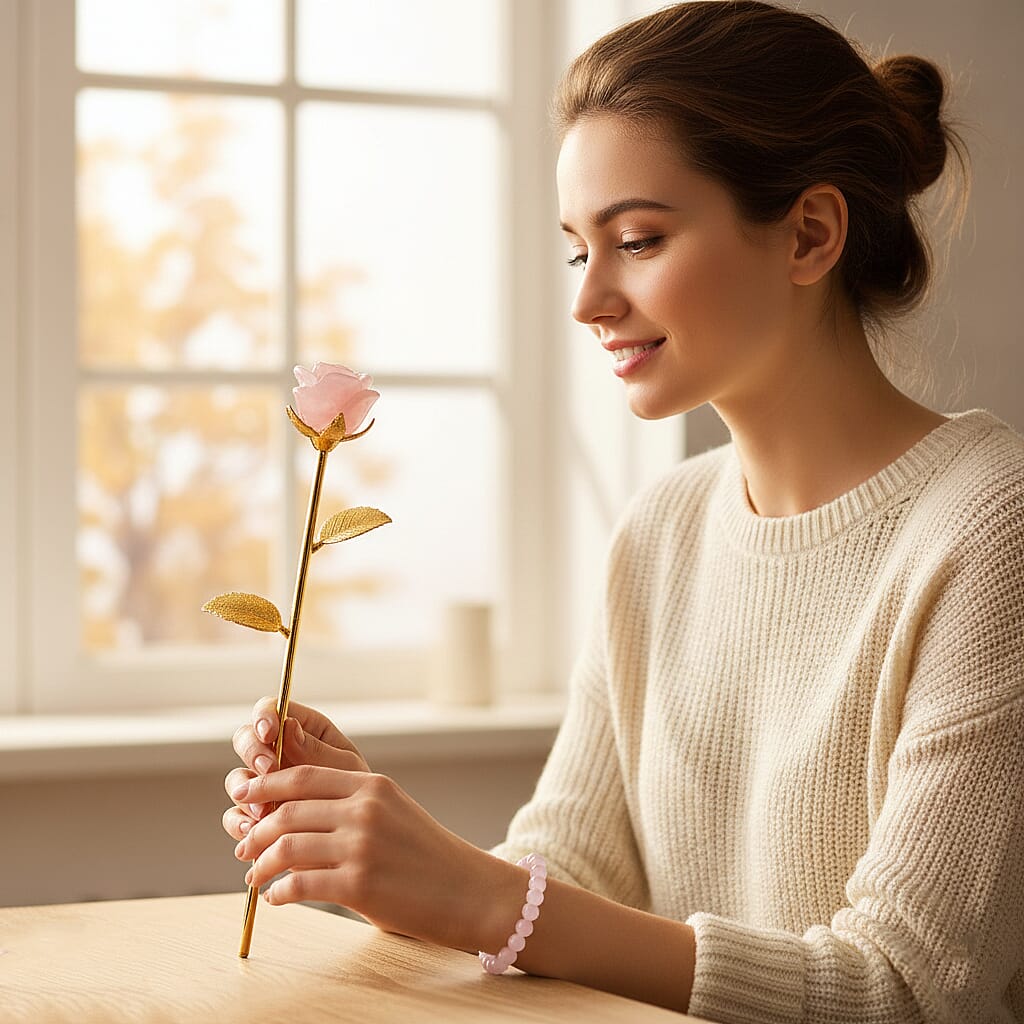 HandCrafted Decor Gift Rose Quartz Rose in Yellow Gold Tone 225.00 Ct.