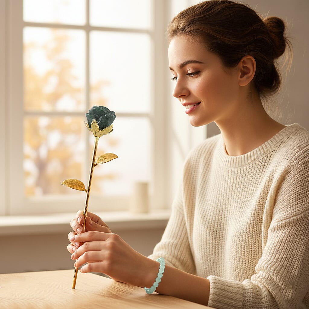 HandCrafted Decor Gift Green Aventurine Rose in Yellow Gold Tone 225.00 Ct.