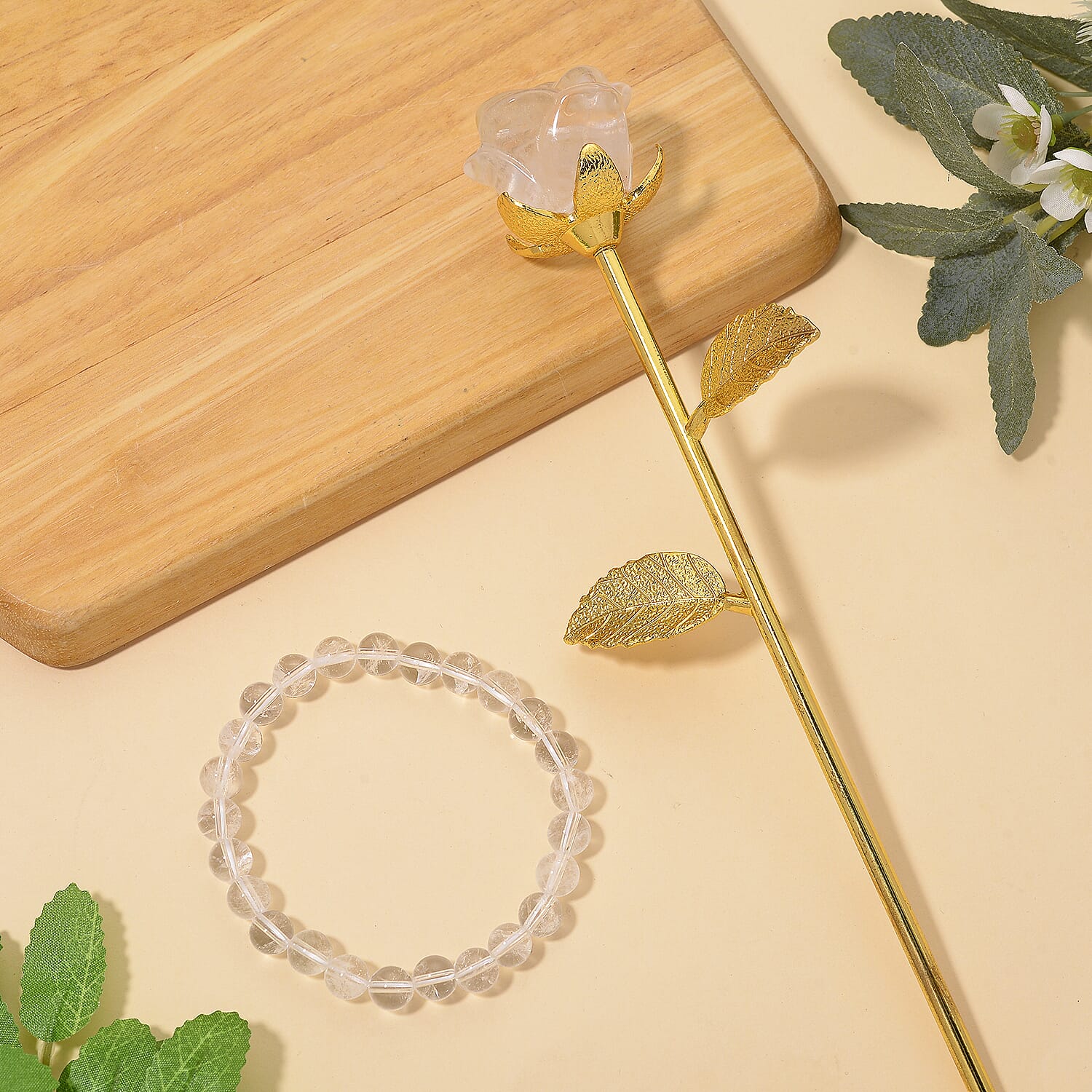 HandCrafted Decor Gift White Quartz Rose in Yellow Gold Tone 225.00 Ct.