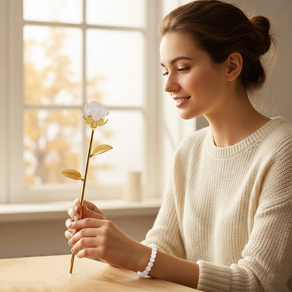 HandCrafted Decor Gift White Quartz Rose in Yellow Gold Tone 225.00 Ct.