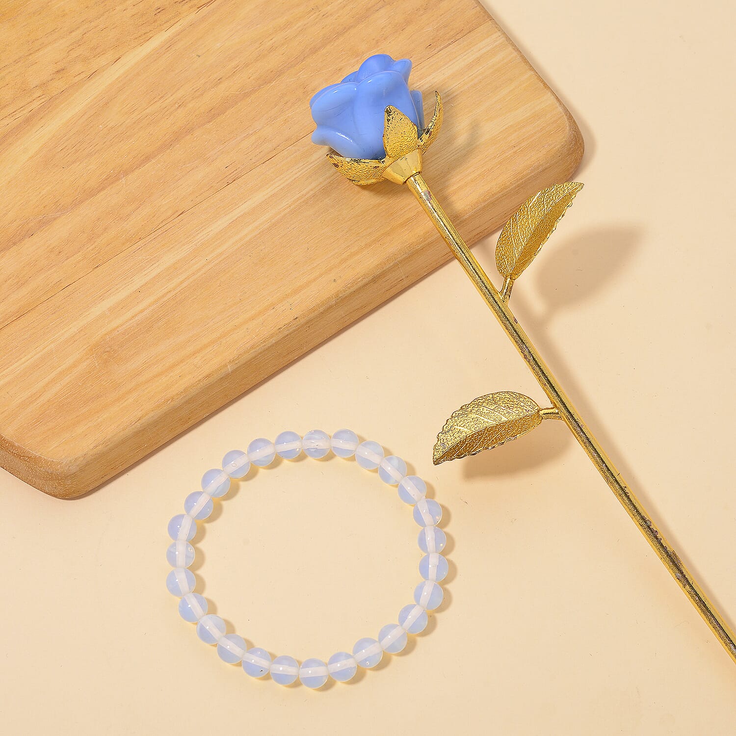 HandCrafted Decor Gift Blue Opalite Rose in Yellow Gold Tone 225.00 Ct.